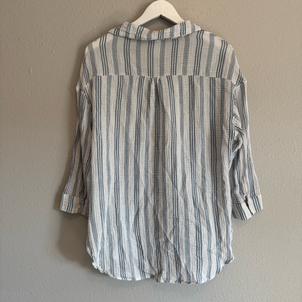 Softest Cotton Blue Striped Oversized Button Down Coastal Grandma Boho Chic - Picture 4 of 7